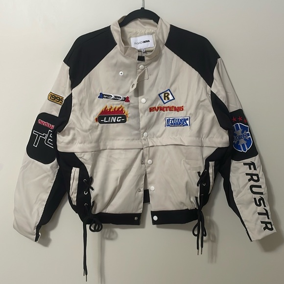 Fashion Nova - Flaming Convertible Racing Jacket - Taupe/Combo - Size S - Picture 2 of 4